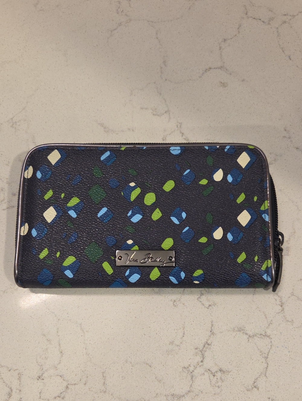 Vera Bradley Navy Zip-Around Wallet with Blue, Green & Cream Confetti